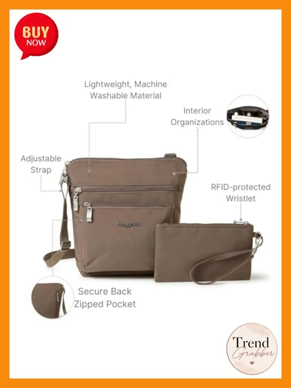 Lightweight Water-Resistant Nylon Crossbody Bag with RFID Wristlet, Small